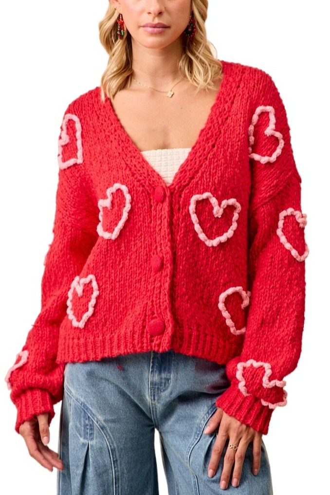 Pom Pom Heart V-neck Sweater Cardigan