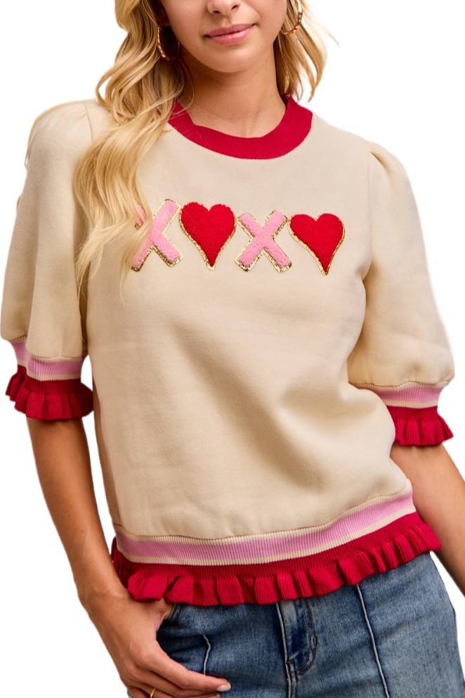 Valentine's Xoxo Patches Banded Puff Sleeves Top