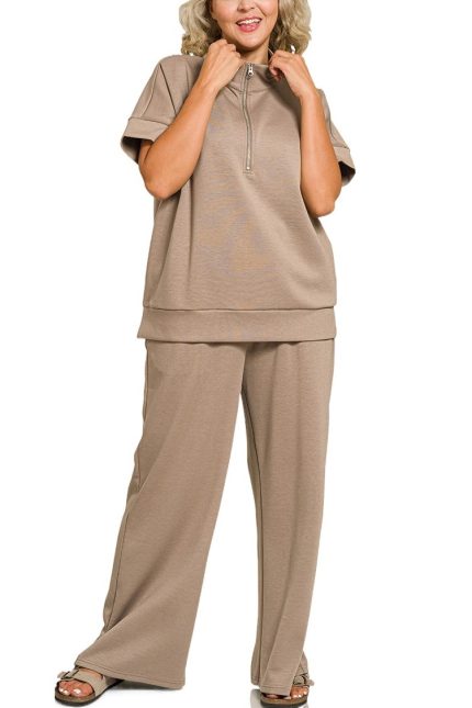 Plus Scuba High Neck Half Zip Top And Pants Set