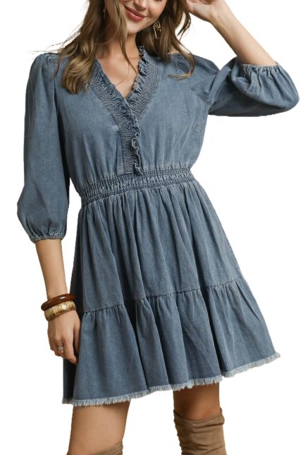 Denim Ruffle Trim Tiered Mini Dress