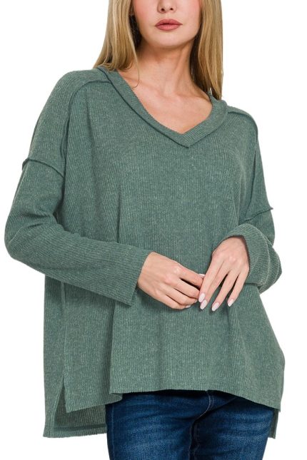 Brushed Ribbed Hacci Drop Shoulder V-neck Sweater