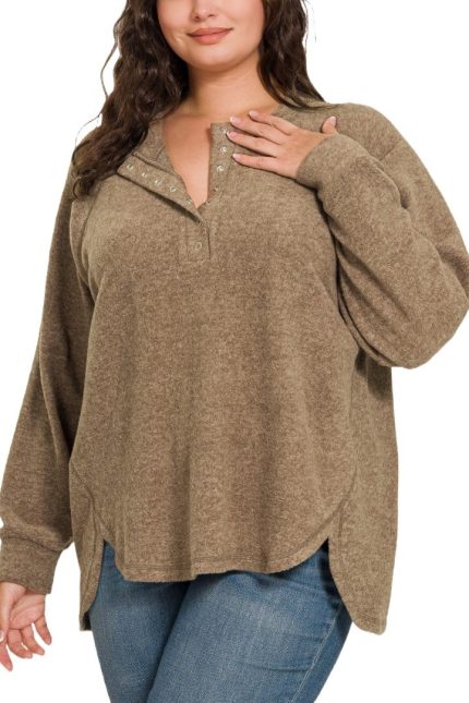 Brushed Melange Hacci Oversized Henley Sweater