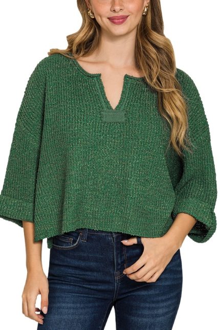Front Slit Patch Folded Sleeve Pullover