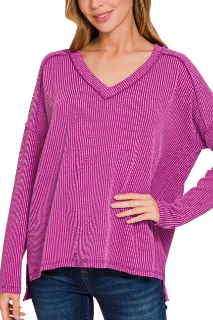 Corded Rib Long Sleeve Hi-low V Neck Top