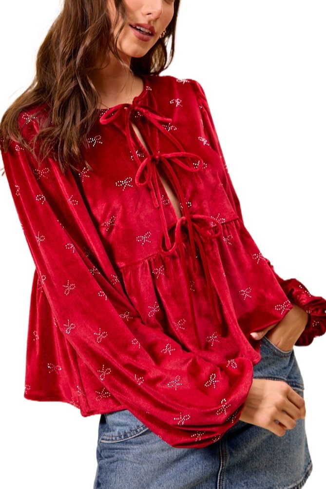 Holiday Christmas Ribbon Embellished Velvet Top