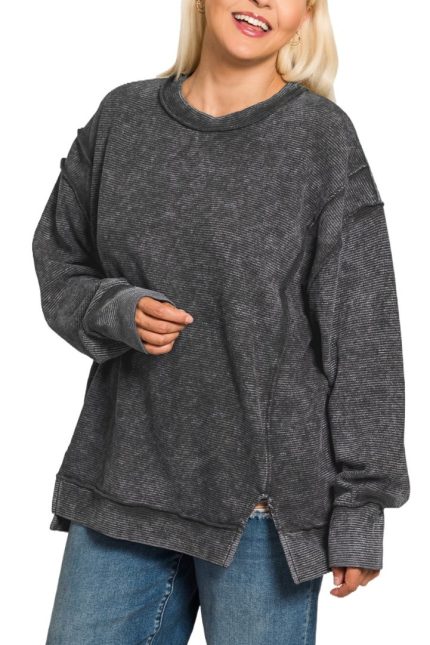 Plus Acid Washed Double Ribbed Expsd-seam Pullover