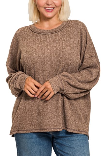 Plus Brushed Ribbed Hacci Exposed Seam Drop Shoulder Sweater