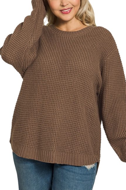 Plus Hi-low Long Sleeve Round Neck Waffle Sweater