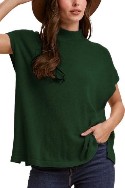 Soft Wool Blend Mock Neck Short Sleeve Sweater