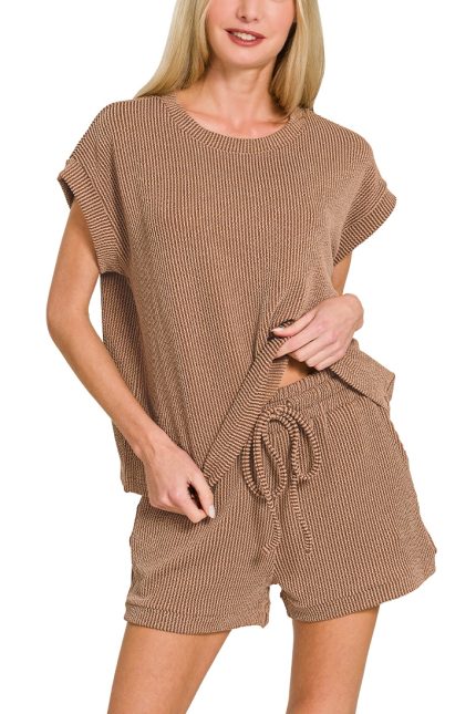 Two Tone Ribbed Cap Sleeve Top And Shorts Set