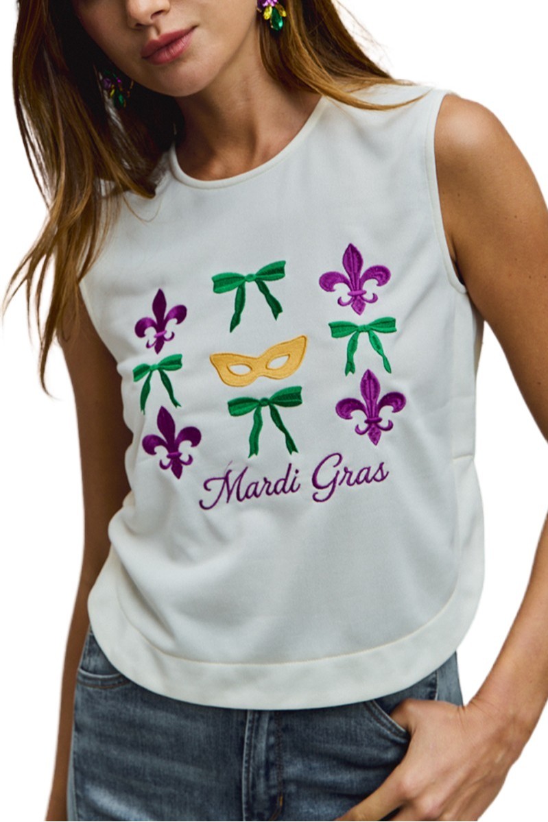 Mardi Gras Fleur De Lis And Ribbon Embroidered Top
