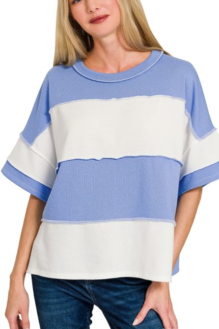 French Terry Color Block Exposed Seam Top