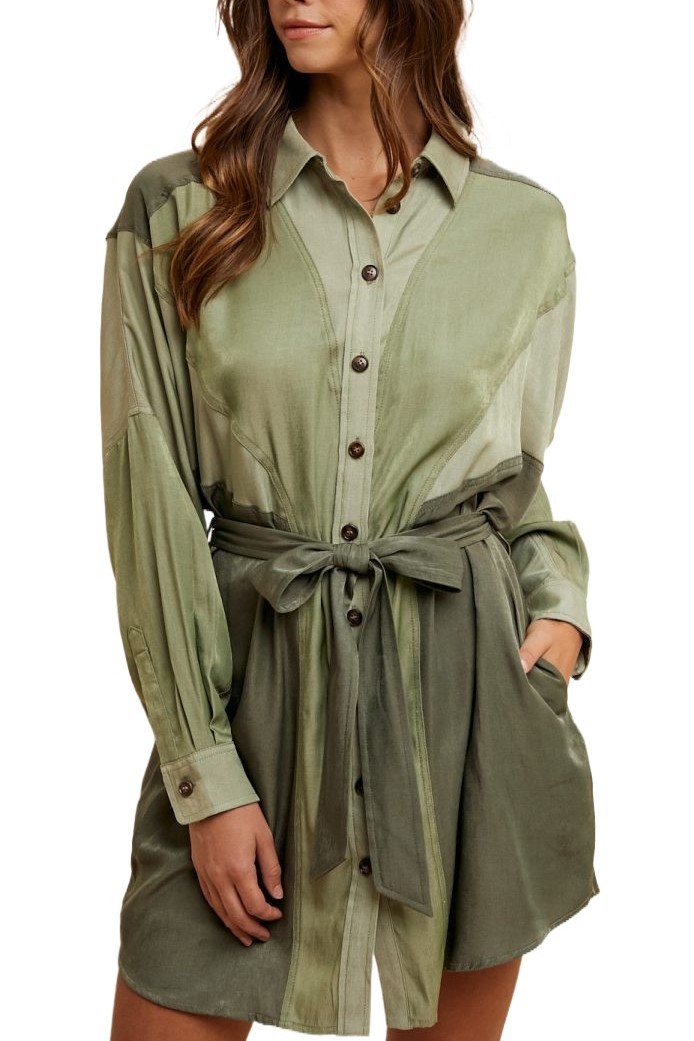 Color Block Belted Mini Shirt Dress