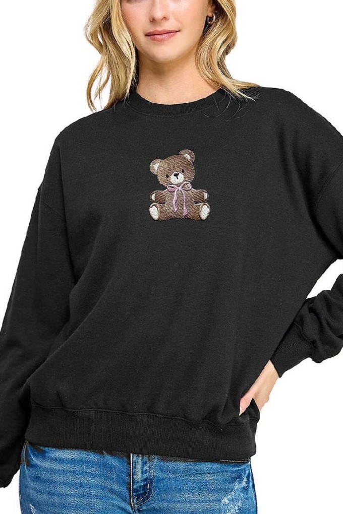 Fleece Sweatshirt With Bear Embroidery