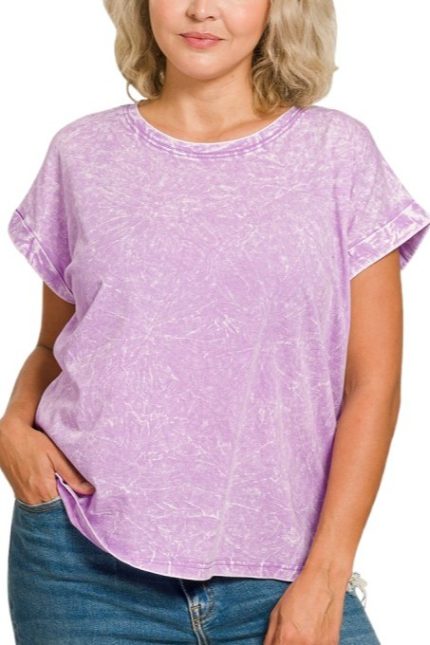 Plus Crinkle Washed Round Neck Folded Short Sleeve Tee