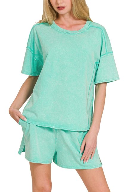 Acid Washed Short Sleeve Tee And Shorts Set