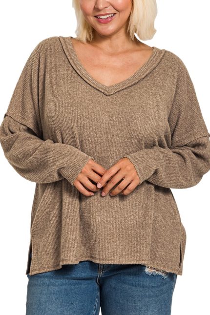 Plus Ribbed V-neck Drop Shoulder Top