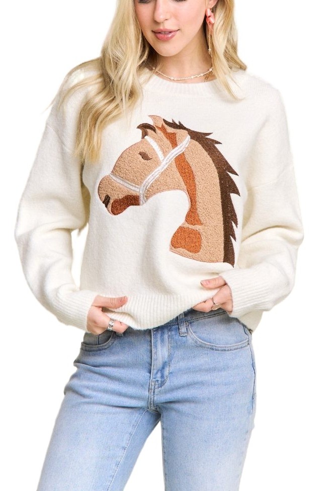 Embroidered Horse Front Knit Sweater