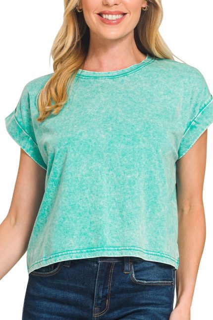 Washed Cotton Cuffed Short Sleeve Top