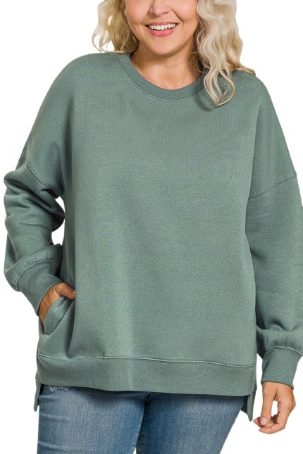 Plus Fleece Hi-low Boyfriend Sweatshirts With Pockets