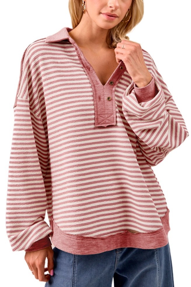 Slub Knit And Stripes Mix And Match Collared Top