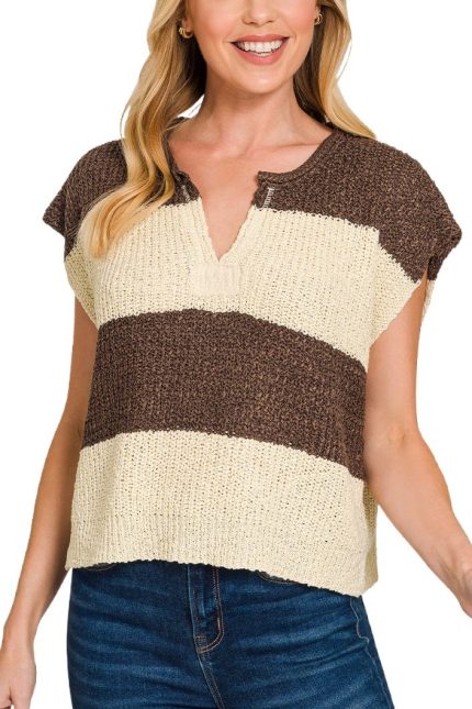 Split Neck Sleeveless Stripe Sweater