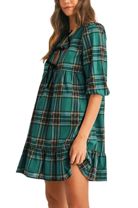 Velvet Bow Detail Christmas Plaid Babydoll Dress