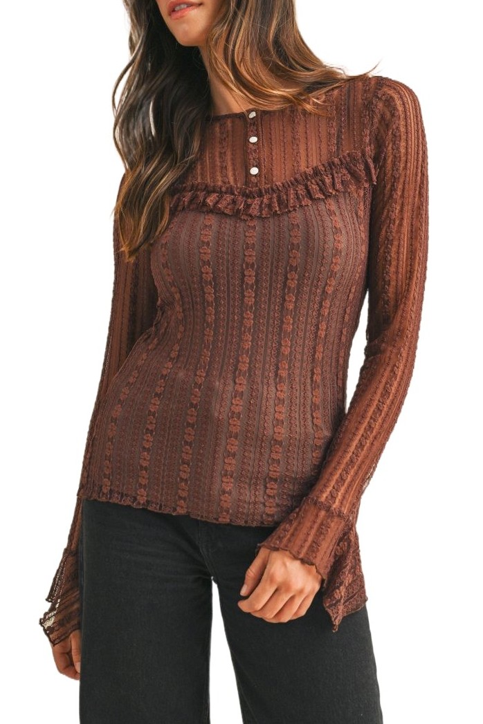 Stretch Lace Ruffle Detail Henley Neck Top