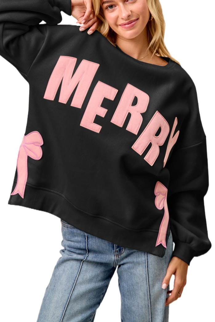 Merry Side Bow Patches Christmas Fleece Sweatshirt