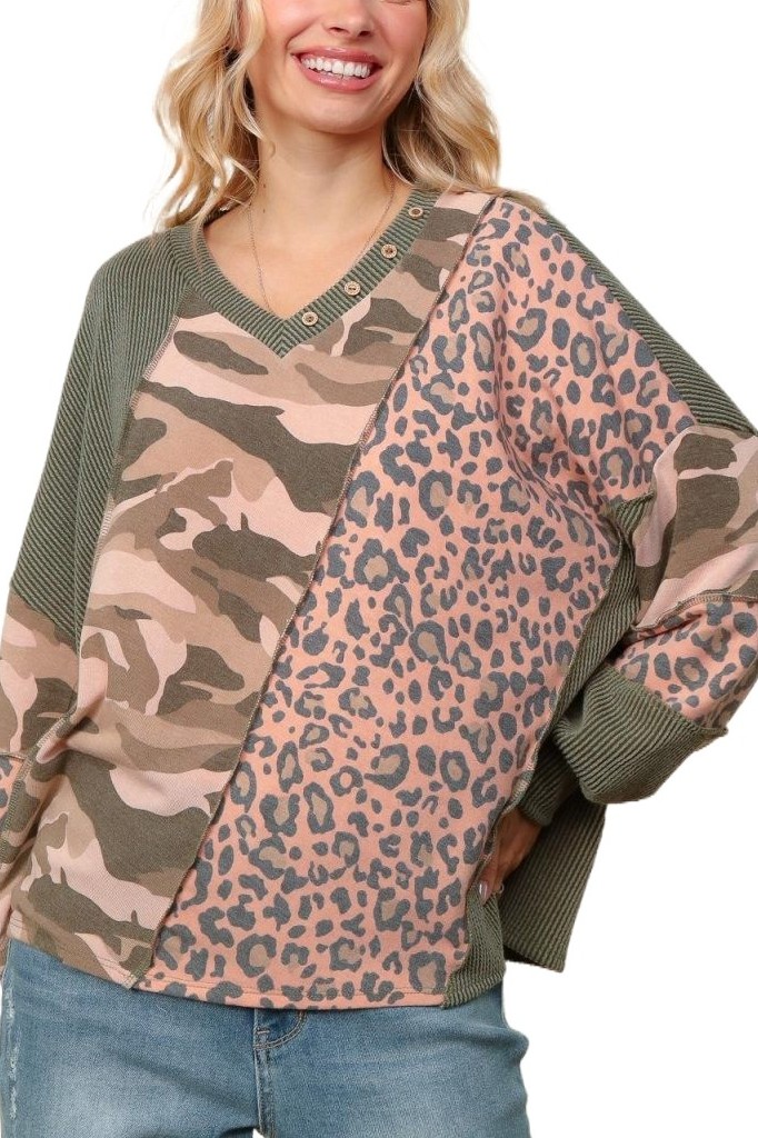 Rib Camouflage Leopard Color Block Pullover