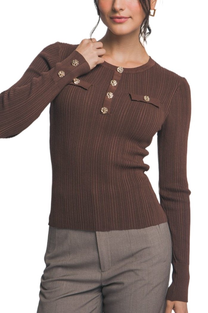 Ribbed Knit Top W/ Gold Buttons
