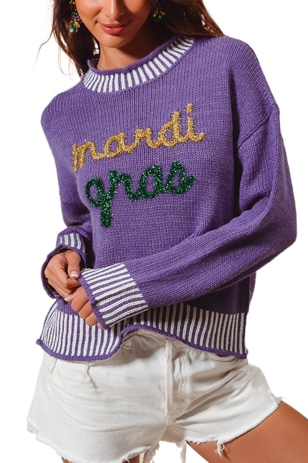 Mardi Gras Tinsel Lettering Sweater Top