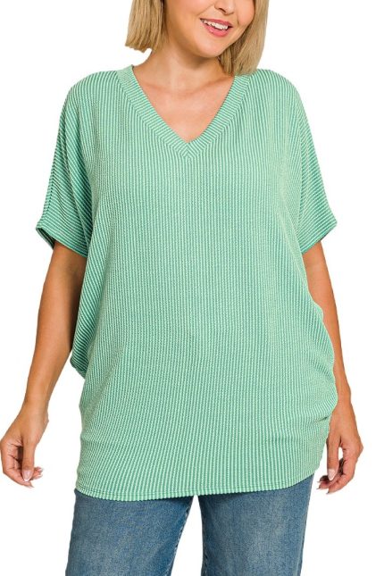 Plus Raised Rib V-neck Batwing Top