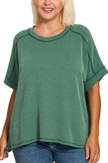 Plus Corded Rib Cuff Sleeve Raw Edge Top