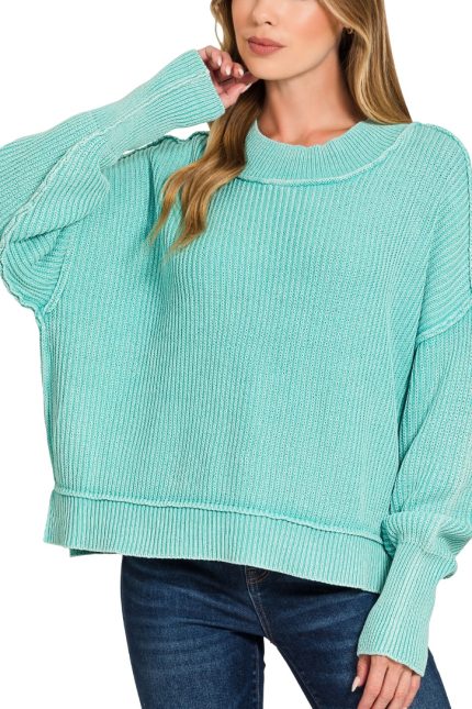 Washed Side Slit Oversized Cropped Sweater