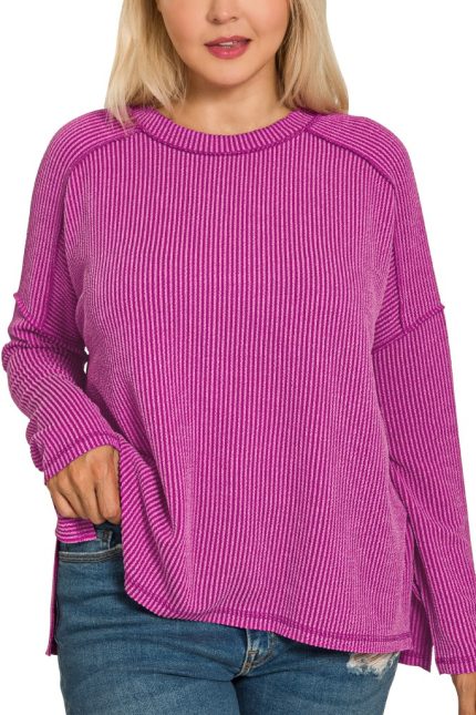 Plus Raised Rib Raw Edge Boat Neck Long Sleeve Top