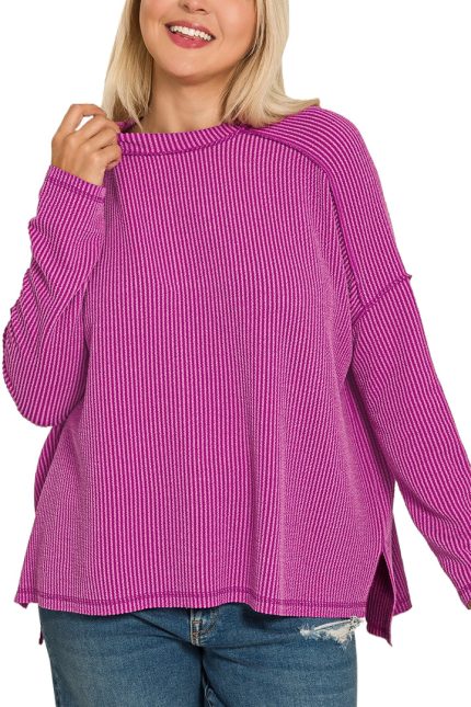 Plus Raised Rib Raw Edge Boat Neck Long Sleeve Top