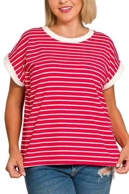 Plus Contrast Trim Cap Sleeve Stripe Tee