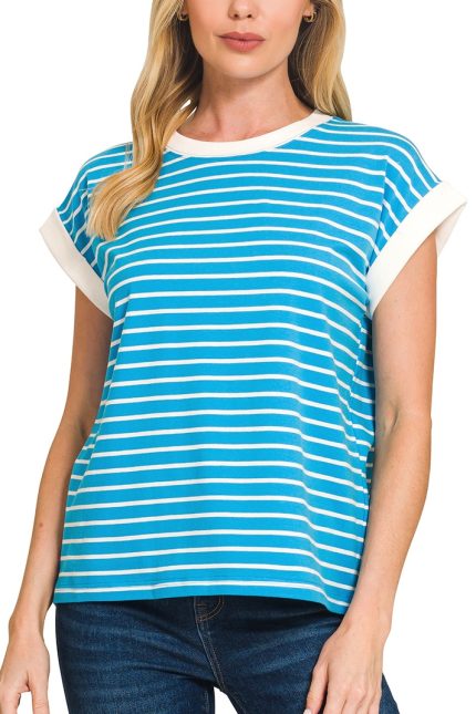 Contrast Trim Cap Sleeve Stripe Tee