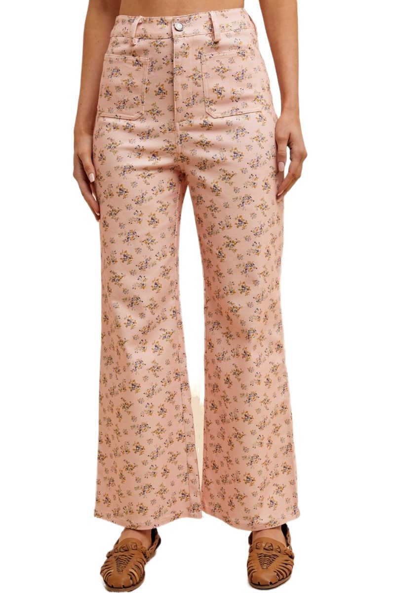 Ditsy Printed Front Pocket Stretch Wide Leg Jeans