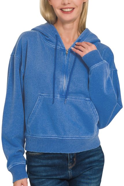 Fleece Pigment Dye Half Zip Kangaroo Pocket Hoodie