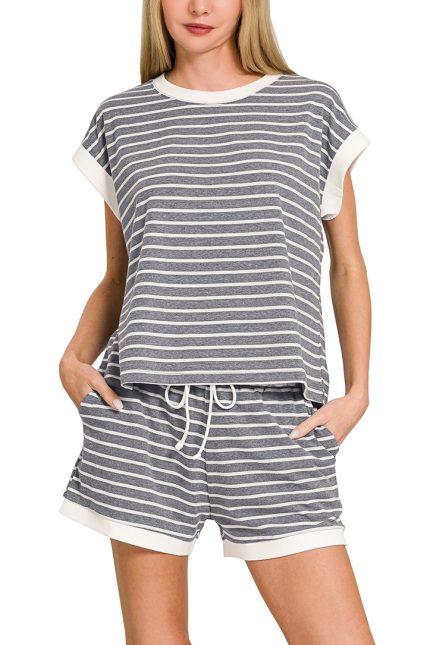 Stripe Contrast Trim Top And Shorts Set