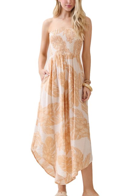 Tropical Print Smocked Detail Jumpsuit