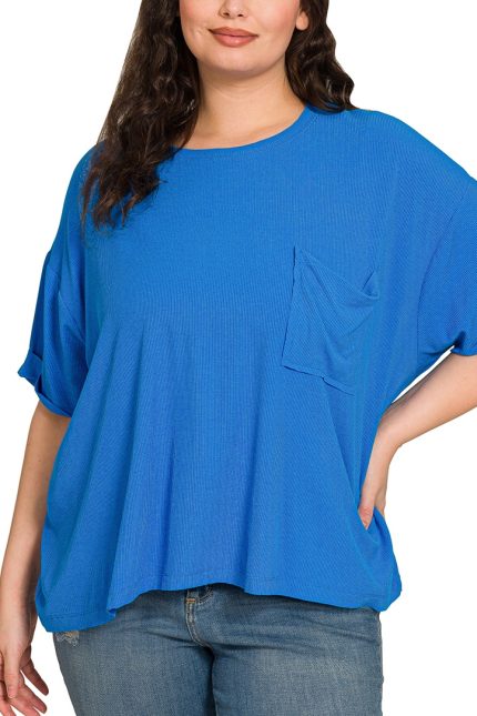 Plus Oversized Ribbed Round Neck Short Sleeve Tee