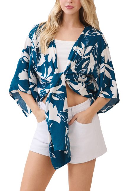 Three Quarter Tie Front Short Kimono Cardigan