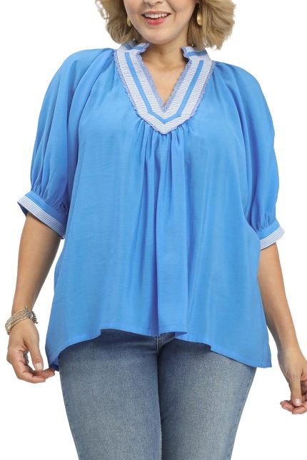 Solid Contrast Trim Pleated Top