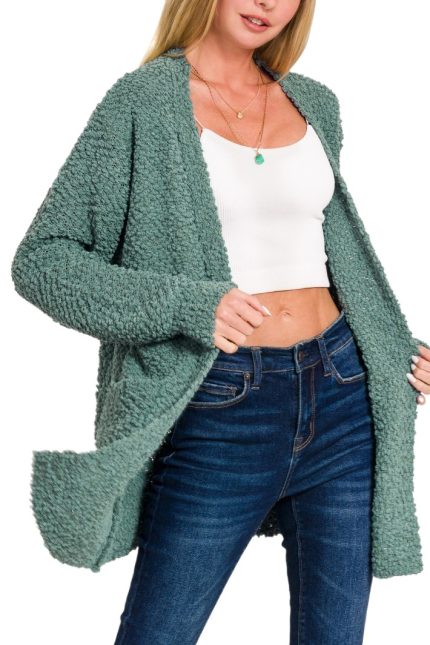 Long Sleeve Popcorn Sweater Cardigan With Pockets