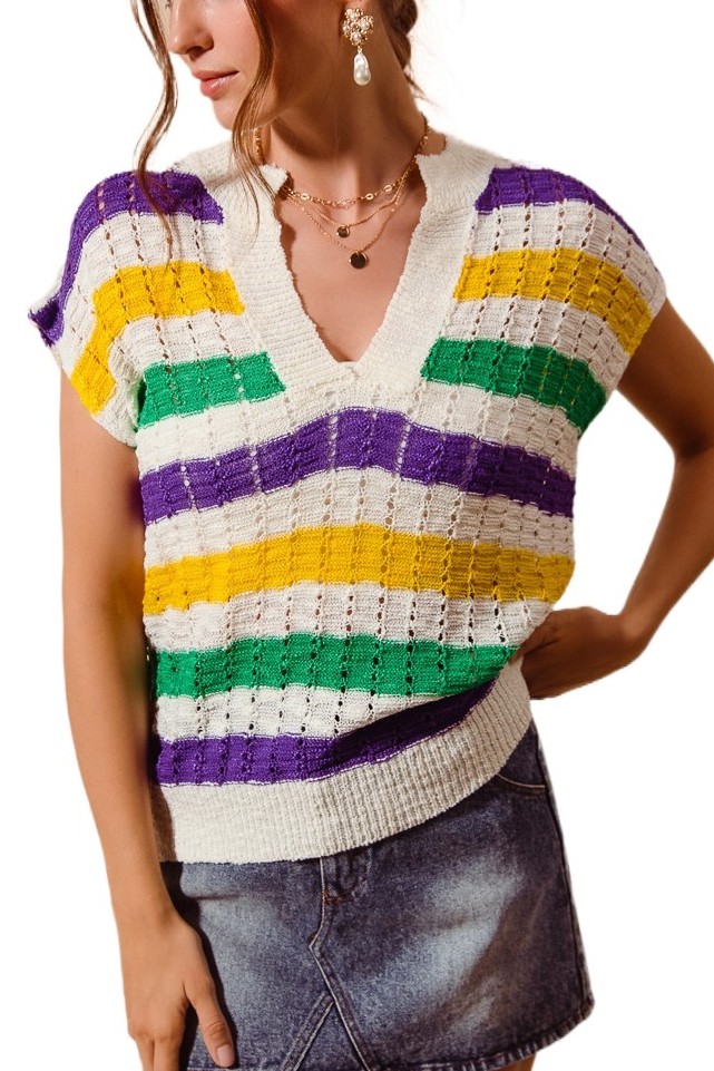 Mardi Gras Stripe Open Knit Dolman Sweater Top