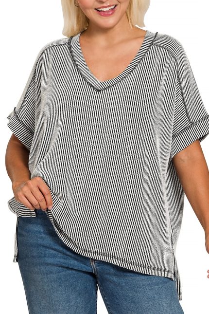 Plus Corded Rib Short Sleeve Hi-low V Neck Top
