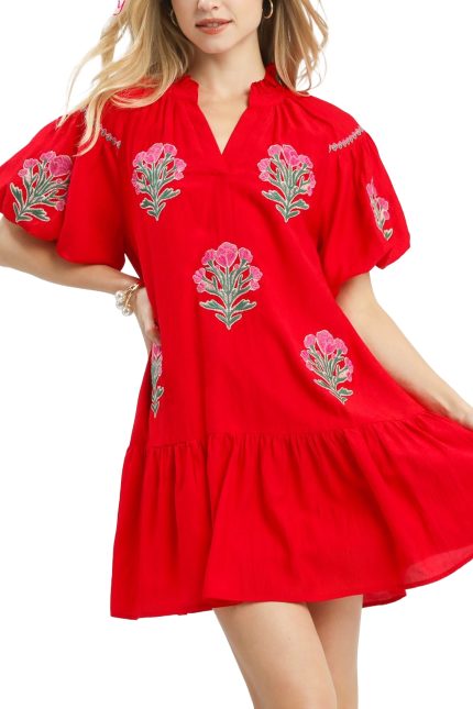 Boho Floral Embroidered Mini Dress